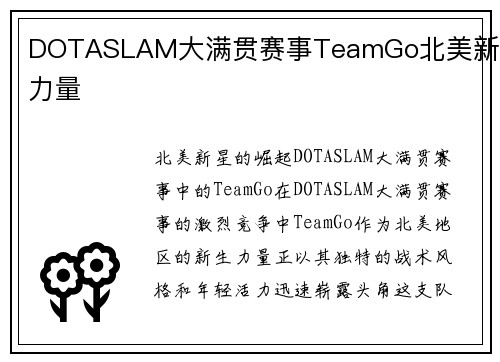 DOTASLAM大满贯赛事TeamGo北美新生力量