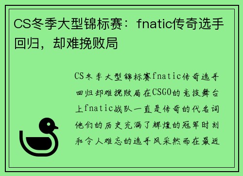 CS冬季大型锦标赛：fnatic传奇选手回归，却难挽败局
